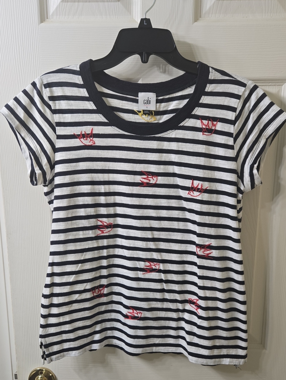 CAbi Navy & White Striped Tee with Red Swallow Embroidery